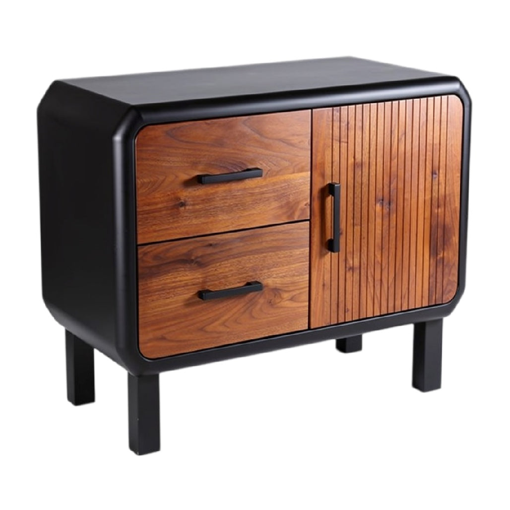 **Technische titel in het Nederlands:** Moderne nachtkast met houten en zwarte afwerking