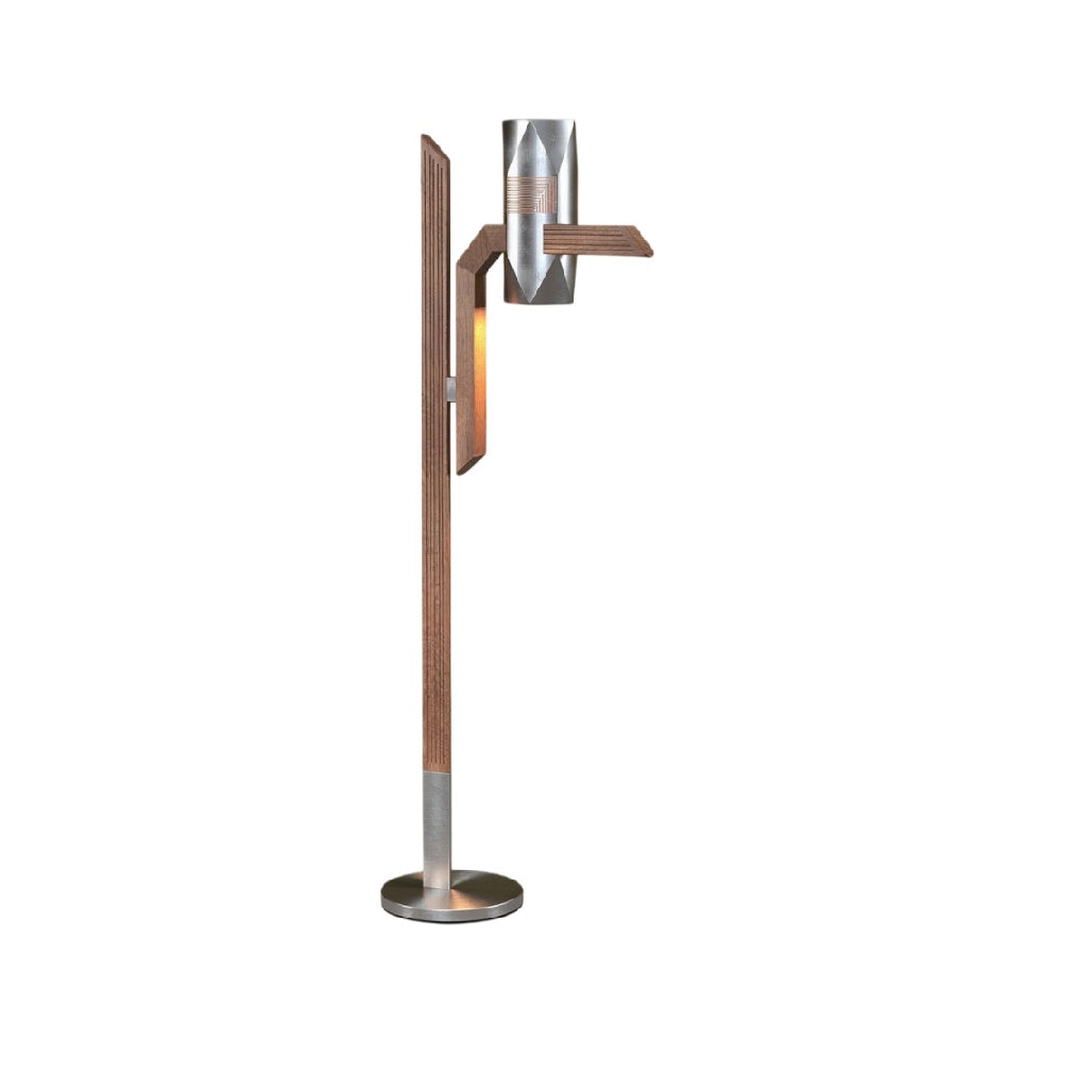 **Moderne vloerlamp met houten en metalen accenten**