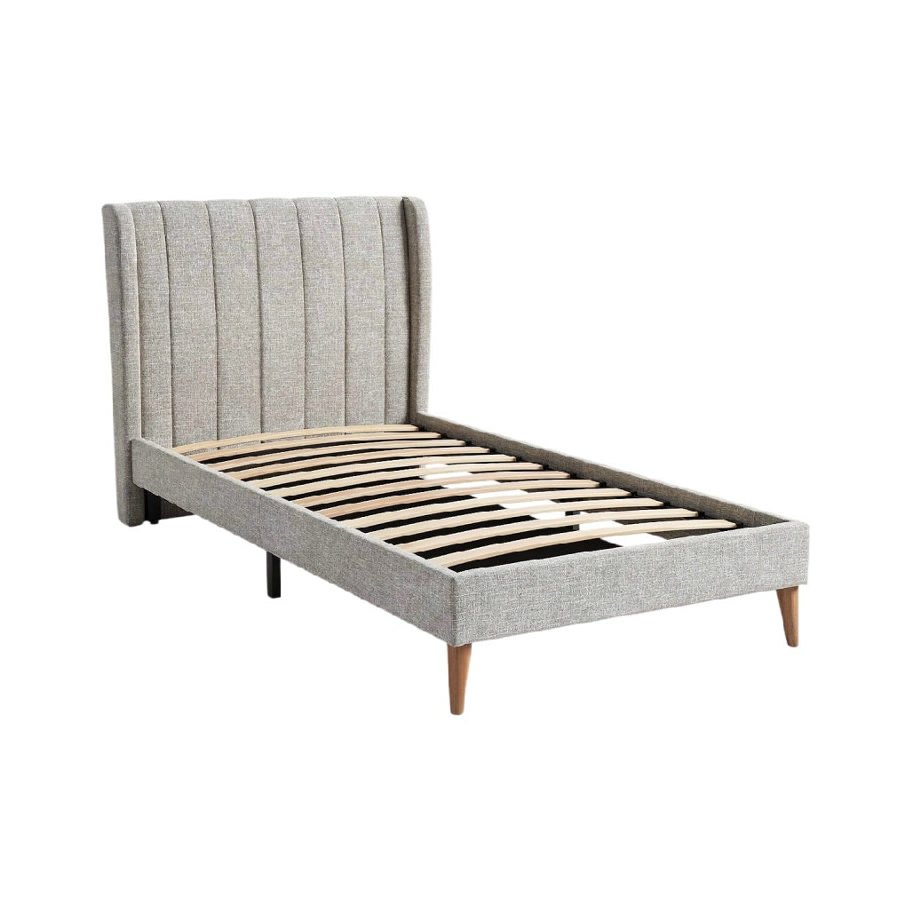**Technische titel in het Nederlands: Elegante eenpersoonsbed met gestoffeerde rugleuning en lattenbodem**
